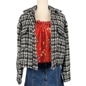 Rachel Zoe Black White Tweed Cropped Jacket Zip Blazer Size M
